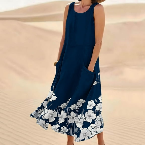 Viikei Womens Summer Dresses,Sundresses for Women Casual Summer,New Women's Sleeveless and Linen Round Neck Printed Long Dress Purple M