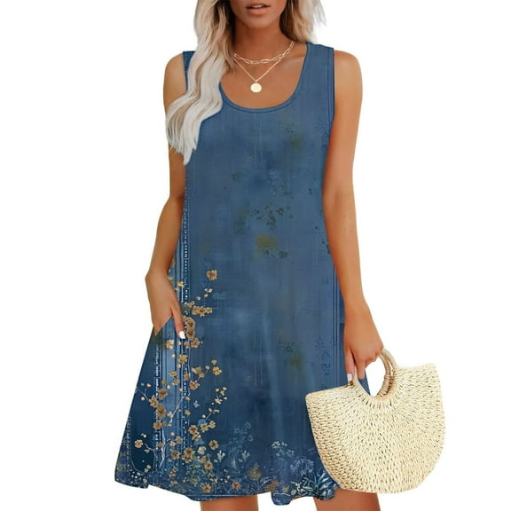 Viikei Womens Summer Dresses,Sundresses for Women Casual Summer,Women Casual Loose Summer Printed Dress Sleeveless V-neck Top/shirt Set Blue S
