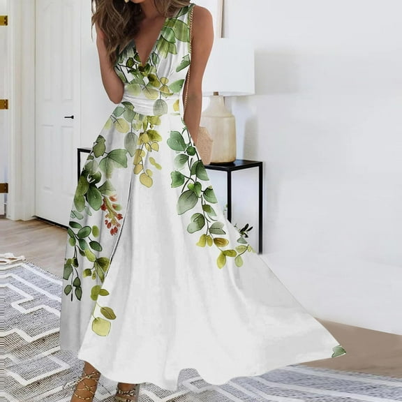 Viikei Womens Summer Dresses,Sundresses for Women Casual Summer,Women's Spring/Summer Sleeveless Color V-Neck Wrapped Chest Dress Long Dress White XL