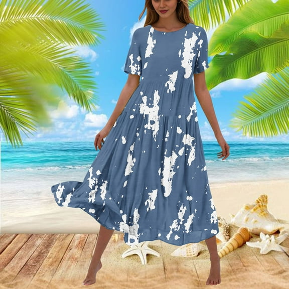 Viikei Womens Summer Dresses,Women's Flower Printing Casual Short Sleeve Crewneck Dress Casual Flowy Tiered Maxi Beach Dress Blue XL