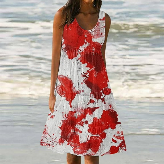 Viikei Womens Summer Dresses,Women's Summer Casual Loose Sleevless Crew Neck Dress Wine M