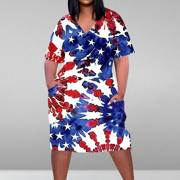 Viikei Womens Summer Dresses,Women's Tiered Ruffle Short Sleeve Dress,Plus Size Dress for Women V Neck Summer Printing Sundresses Knee Short Sleeve with Pockets Dark Blue XXXXL