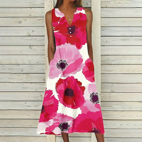 Viikei Womens Summer Dresses under $10,Comfortable Short Sleeve Dress,New Women's V-neck Button Button Sleeveless Printed Long Dress Pink XXL