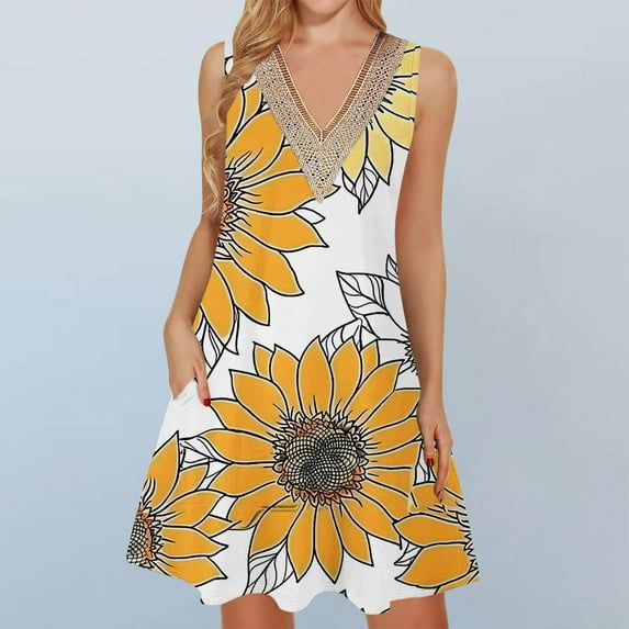 Viikei Womens Summer Dresses under $10,Comfortable Short Sleeve Dress,Women's Printed Lace Sleeveless Pocket V-Neck Dress Yellow XXXL