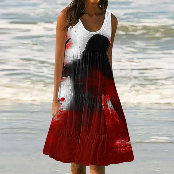 Viikei Womens Summer Dresses under $10,Dresses for Women Plus SizeWomen's Summer Casual Loose Sleevless Crew Neck Dress Wine L