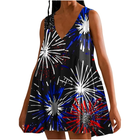 Viikei Womens Summer Dresses under $10,Dresses for Women Plus SizeWomen's Summer Print Casual Loose Sleevless V-Neck Dress Black S