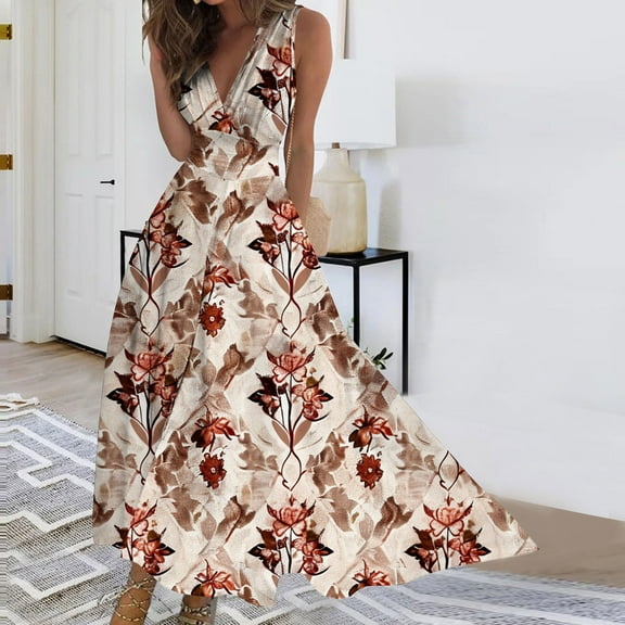 Viikei Womens Summer Dresses under $10,Dresses for Women Plus SizeWomen's Summer Print Casual Loose Sleevless V-Neck Dress Pink M