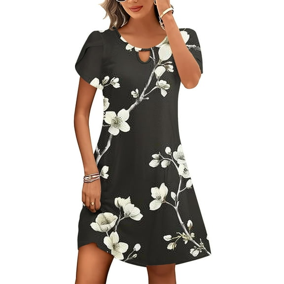 Viikei Womens Summer Dresses under $10,Flowy Chiffon Short Sleeve Dress,Women's Casual Loose Summer Printed Short Sleeved Dress Black XXL