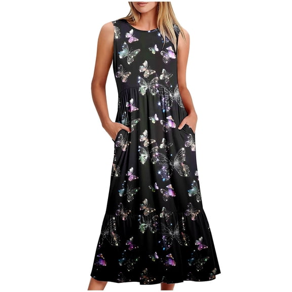 Viikei Womens Summer Dresses under $10,Ladies' Round Neck Sleeveless Mid Calf Double Pocket Printed Dress Multicolor S