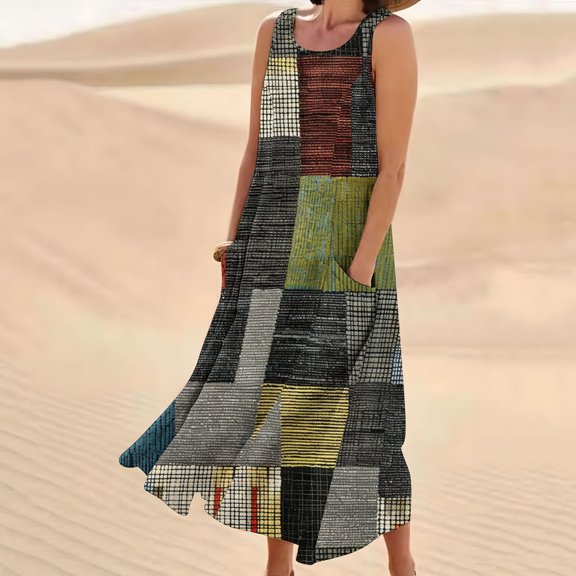 Viikei Womens Summer Dresses under $10,New Women's Sleeveless and Linen Round Neck Printed Long Dress Dark Gray M