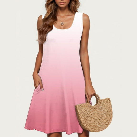 Viikei Womens Summer Dresses under $10,Summer Dresses for Girls,Ladies' Fashion Trend Print Sleeveless Round Neck Knee Length Skirt Pink M