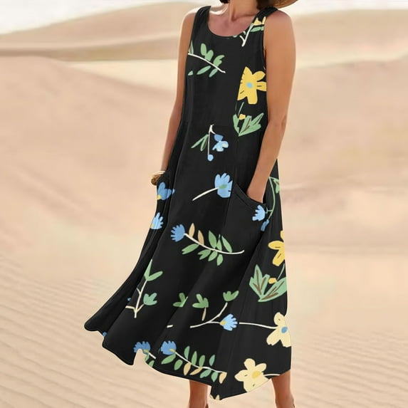 Viikei Womens Summer Dresses under $10,Summer Dresses for Girls,New Women's Sleeveless and Linen Round Neck Printed Long Dress Black M