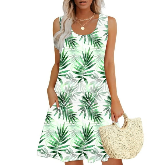 Viikei Womens Summer Dresses under $10,Summer Dresses for Girls,Women Casual Loose Summer Printed Dress Sleeveless V-neck Top/shirt Set Green S
