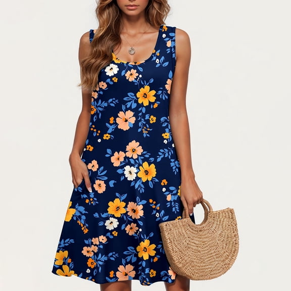 Viikei Womens Summer Dresses under $10,Summer Dresses for Girls,Women's Casual Plus-size Sleeveless Round Neck Short Floral Dress Blue S