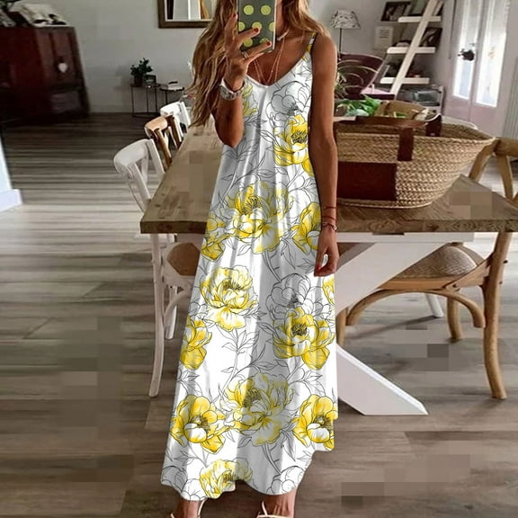 Viikei Womens Summer Dresses under $10,Summer Dresses for Women Print Sleeveless Round Neck Dress Casual Dresses Yellow XXL