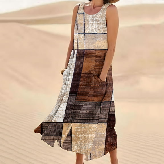 Viikei Womens Summer Dresses under $10,Sun Dresses for Women Plus Size,New Women's Sleeveless and Linen Round Neck Printed Long Dress Brown S
