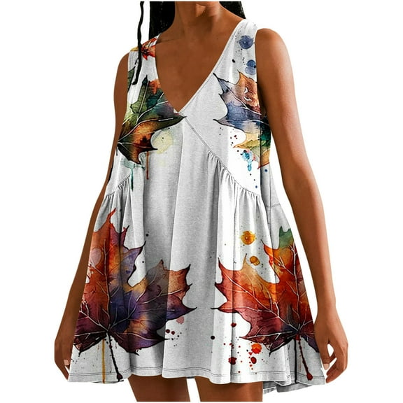Viikei Womens Summer Dresses under $10,Sun Dresses for Women Plus Size,Women's Summer Print Casual Loose Sleevless V-Neck Dress Orange M