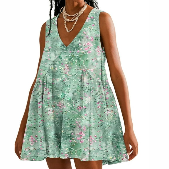 Viikei Womens Summer Dresses under $10,Women Casual Loose Summer Print Pleated Sleeveeless V-Neck Dress with Pocket Green XXL