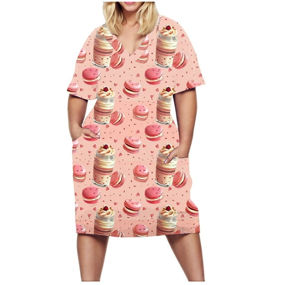 Viikei Womens Summer Dresses under $10,Women's Plus Size Cute Style Printed Loose Casual Short Sleeved V-neck Knee Length Dress Pink XL