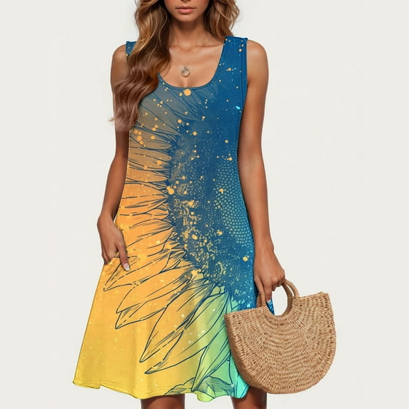 Viikei Womens Summer Dresses with Sleeves,Ladies' Fashion Trend Floral Print Sleeveless Round Neck Knee Length Skirt Multicolor M