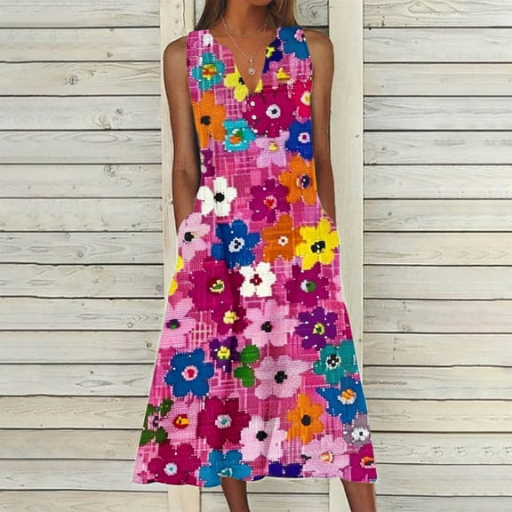 Viikei Womens Summer Dresses with Sleeves,Modern Wrap Short Sleeve Dress,New Women's V-neck Button Button Sleeveless Printed Long Dress Pink XXL