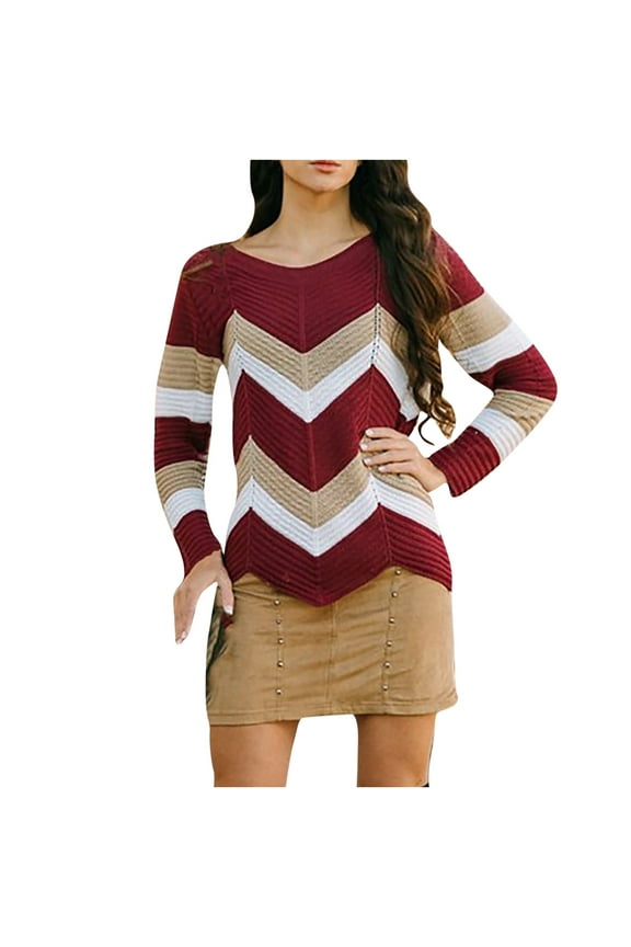 Womens Sweaters Cardigan Sweaters for Women Clearance $5.00 Fashion Women's Wave Contrast Color Long-sleeved Pullover Loose Casual Sweater