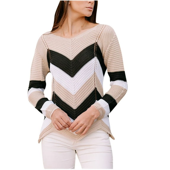 Viikei Womens Sweaters Cardigan Sweaters for Women Clearance $5.00 Fashion Women's Wave Contrast Color Long-sleeved Pullover Loose Casual Sweater