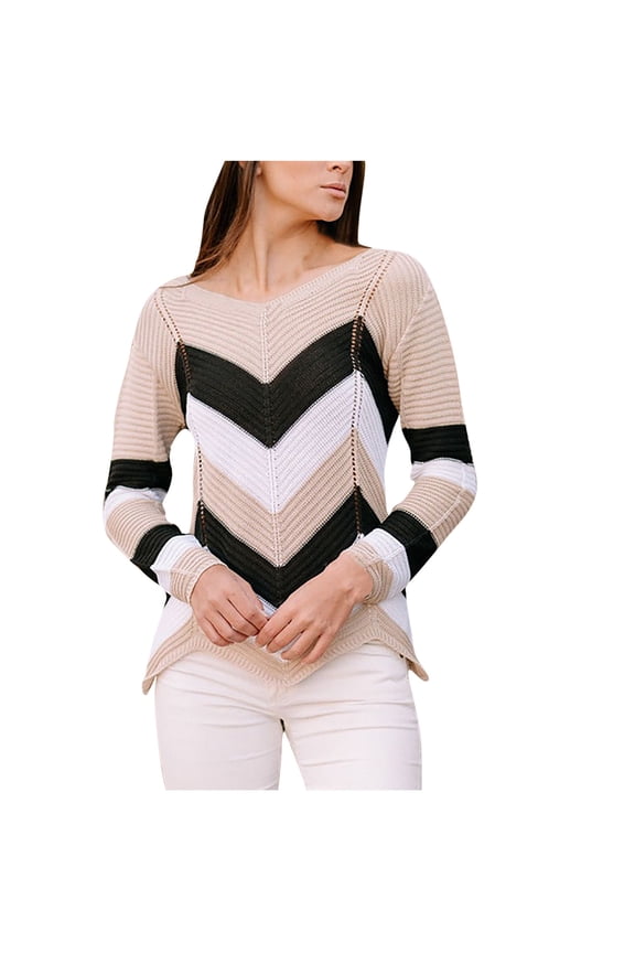 Womens Sweaters Cardigan Sweaters for Women Clearance $5.00 Fashion Women's Wave Contrast Color Long-sleeved Pullover Loose Casual Sweater