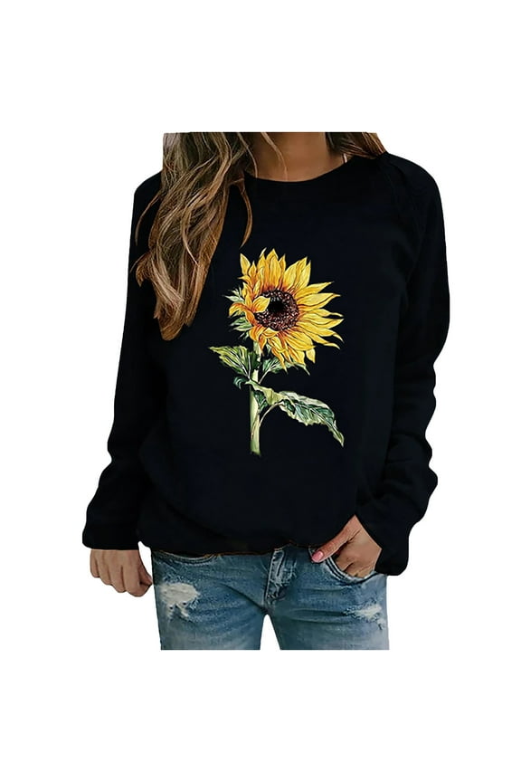 Womens Sweaters Cardigan Sweaters for Women Plus Size Women SunFlower Printed Pullover Sweatshirt Long Sleeve Sweatshirt Top