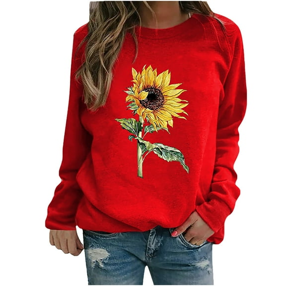 Viikei Womens Sweaters Cardigan Sweaters for Women Plus Size Women SunFlower Printed Pullover Sweatshirt Long Sleeve Sweatshirt Top