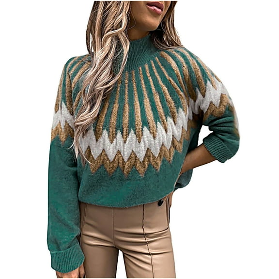 Tops for Women Trendy Viikei Womens Sweaters Cardigan Sweaters for Women Plus Size Women's High Collar Warm Printed Casual Sleeve Knitted Sweater Tops