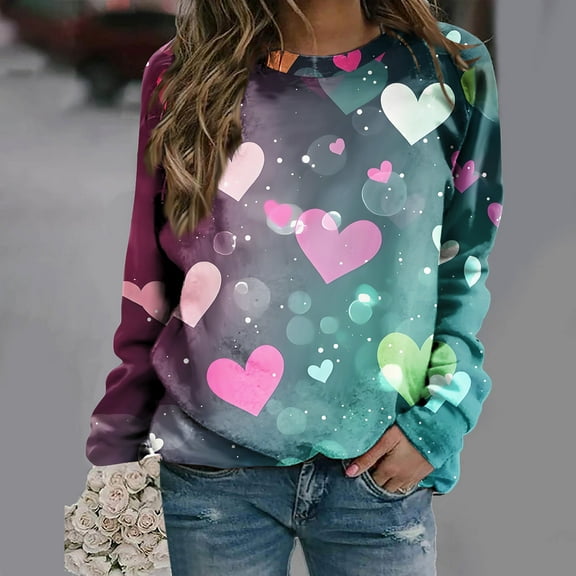 Viikei Womens Sweatshirts with No Hood,Plus Size Tops for Women Dressy,Women's Fall and Winter Valentine's Day Print Casual Long Sleeved Round Neck Hooded Sweatshirt Tops Blouse Multicolor L