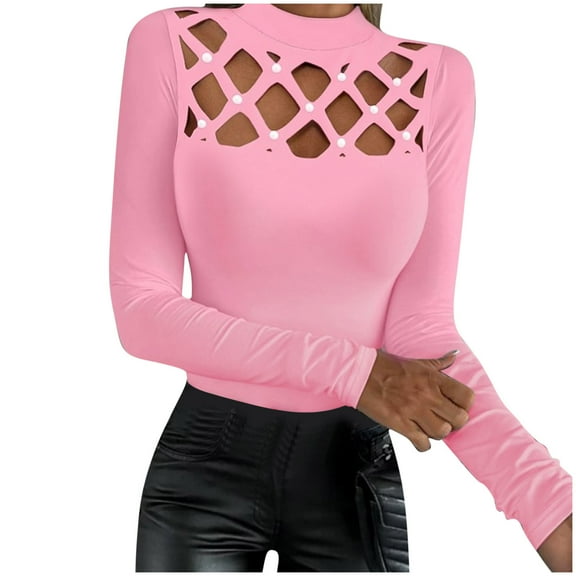 Viikei Womens Sweatshirts with No Hood,Plus Size Sweatshirts for Women,Ladies' Casual Solid Color Hollow Round Neck Pullover Long Sleeved Top Pink XXL