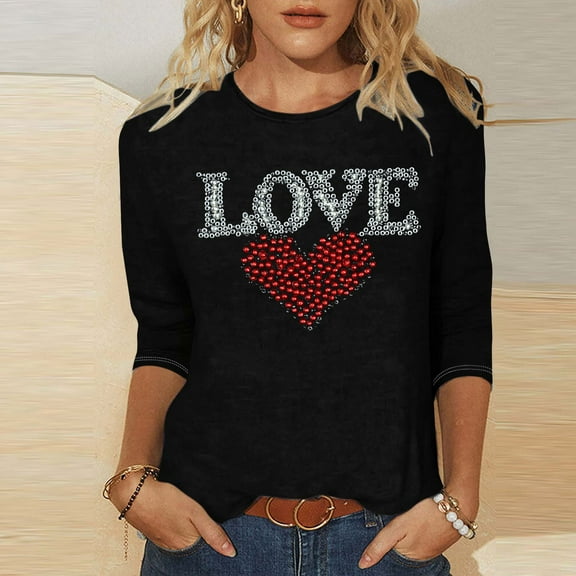 Viikei Womens Sweatshirts with No Hood,Plus Size Sweatshirts for Women,Ladies' Valentine's Day Fashion Printed Round Neck Three Quarter Sleeve 3/4 Sleeve T-shirt Loose Top Black M
