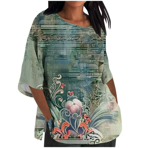 Viikei Womens Sweatshirts Plus Size,Women's Ladies Fashion Casual Cropped 3/4 Sleeve Printing Loose Shirt Blouse Top Green XL