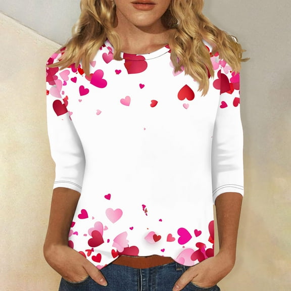 Spring Tops for Women Viikei Womens Sweatshirts Plus Size,Women's Valentine's Day Love Printed Fashion Tees Casual Crewneck 3/4 Sleeve Loose T Shirt Ladies Tops Blouses Shirts White S