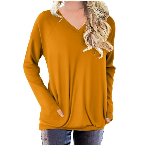 Viikei Womens Sweatshirts V Neck,Long Sleeve Shirts for Women Fall Womens Tops Fashion,Oversized Tshirts for Women Solid Workout Sweatshirts Basic Long Sleeve Shirt Classic V-Neck Tops Yellow S