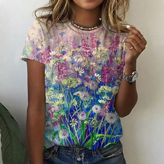 Viikei Womens T Shirts Plus Size Short Sleeve Tops on Clearance Summer Blouses for Women Casual Loose Floral Print Crewneck Printed