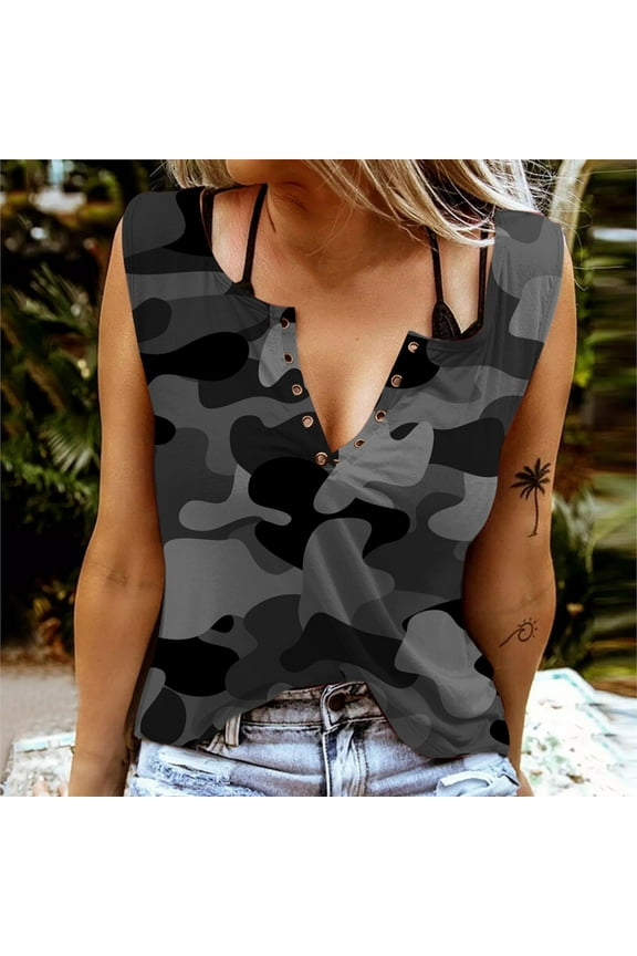 Womens Tank Top Camisoles for Women Plus V-neck Camouflage Printing Blouse Tunics Shirts Tops