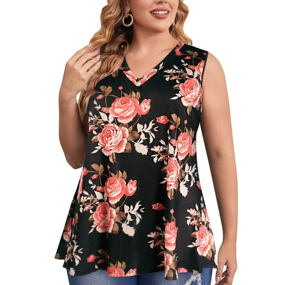 Viikei Womens Tank Tops Plus Size Tank Tops for Women Women's Fashion Plus Size Printed Vest V-Neck Loose Sleeveless T-shirt Pullover Tops