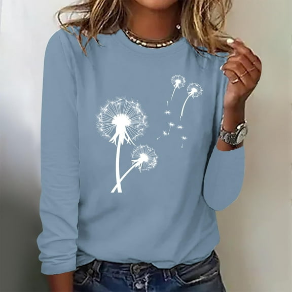 Summer Tops Viikei Womens Tops under $5,Long Sleeve Tops for Women Dressy,Fashionable Women's Printed Round Neck Pullover Long Sleeved Casual Top Light Blue M