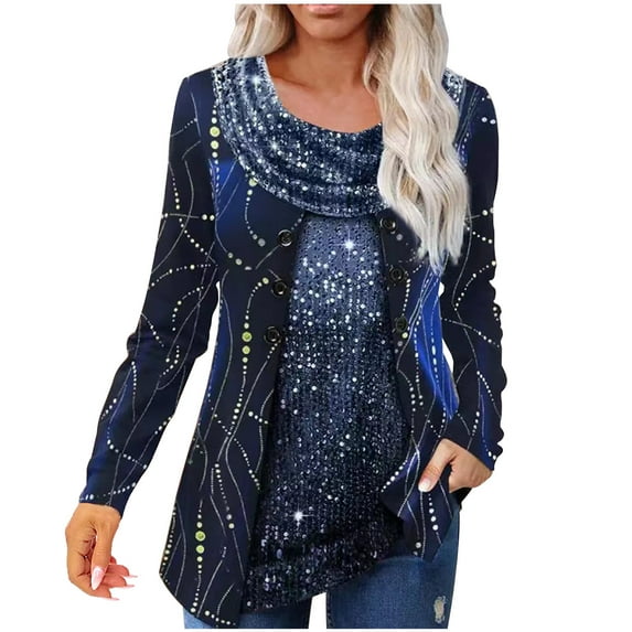 Spring Tops for Women 2025 Viikei Womens Tops Clearance under $5 Long Sleeves,Tops for Women Clearance under $10 Fall,Women's Beaded Patchwork Printed Pendant Collar Long Sleeved Tops Navy L
