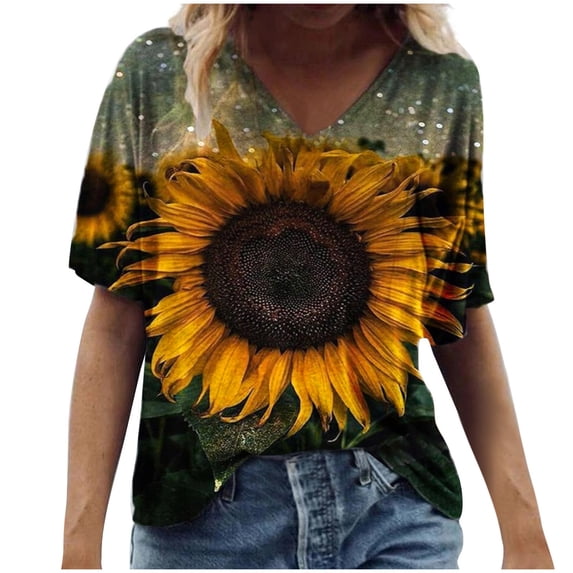 Spring Tops for Women Viikei Womens Tops Clearance Under $5 Women's Fashion Casual Plus Size Scenic Flowers Printing V-Neck T-Shirt Tops