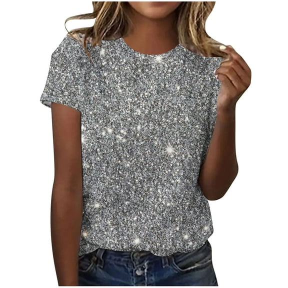 Viikei Womens Tops Under $5 Womens Tops Plus Size Women's Casual Sparkling Crystal Printed Round Neck Short Sleeved Top