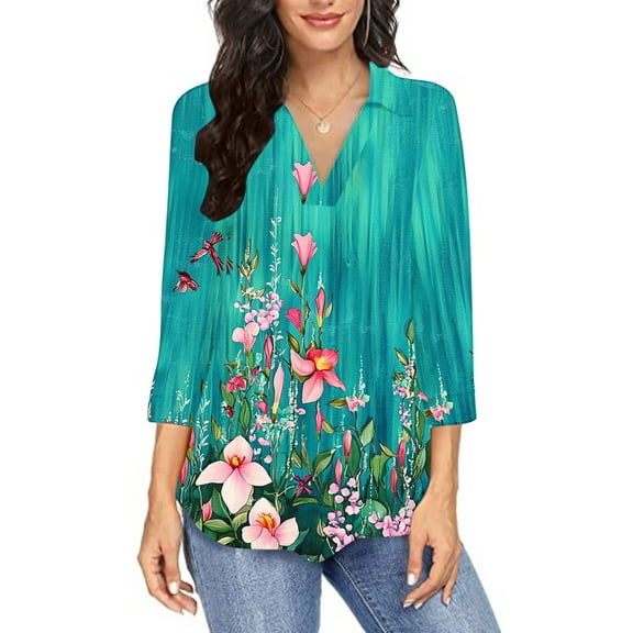 Viikei Womens Tops Dressy Blouse,Fashion Women V-Neck Three Quarter 3/4Sleeve T-Shirt Printed Blouse Green M