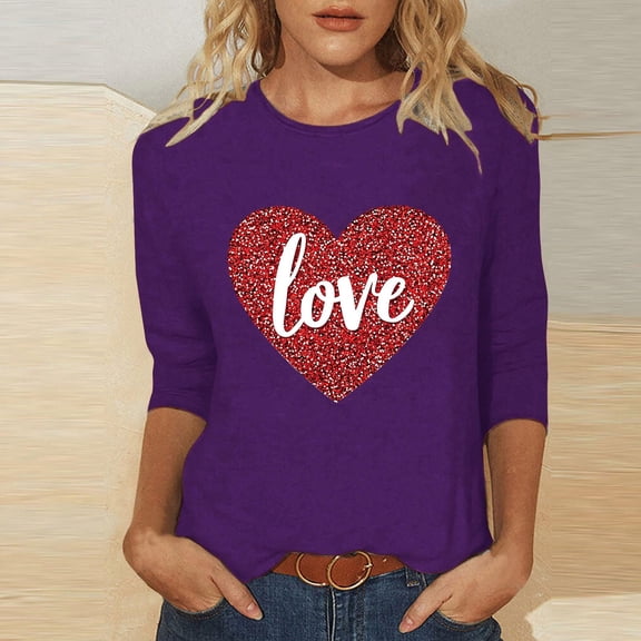 Summer Tops for Women Viikei Womens Tops Long Sleeve Dressy Casual,Plus Size Sweatshirts for Women,Women's Valentine's Printed Crew Neck 3/4 Sleeve T-shirt Loose Tops Purple M