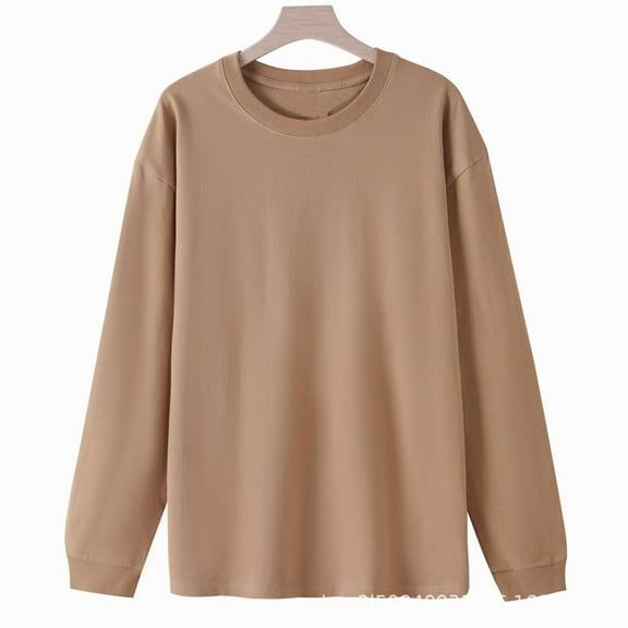 Spring Tops for Women Viikei Womens Tops Long Sleeve Dressy Casual,Women's Threaded Long Sleeved Round Neck Loose Bottomed Classic Solid Color T-shirt Tops Khaki M