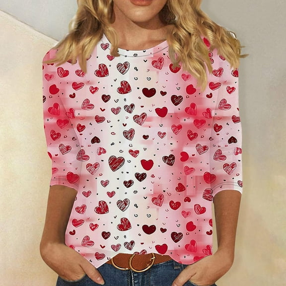 Summer Tops for Women Viikei Womens Tops Long Sleeve Dressy,Women's 3/4-sleeve Crew Neck Pullover Casual Fashion Valentine's Day Print Top Multicolor XXXL