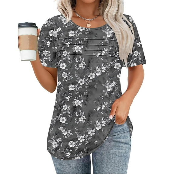 Tops for Women Trendy Viikei Womens Tops Short Sleeve Casual,Plus Size T Shirts for Women,Women's New Short Sleeve Round Neck Pullover Chest Pleated Casual Print Top Multicolor S