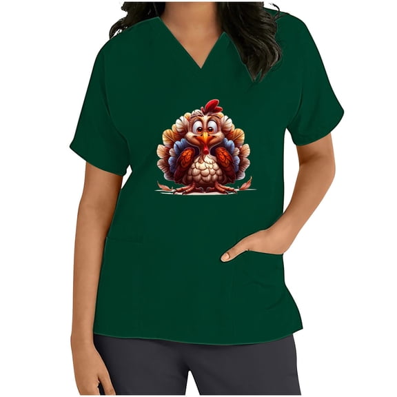 Viikei Womens Tops Short Sleeve Dressy,Womens Summer Tunics Tops Short Sleeve,Women Short Sleeve V-neck Working Uniform Thanksgiving Print with Pockets Blouse Protective Clothing Green L